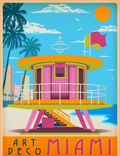 an art deco poster featuring a pink lifeguard tower on the beach with palm trees