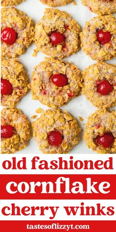 old fashioned cornflake cherry cookies with text overlay