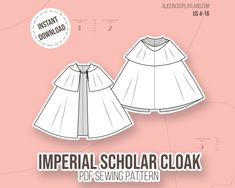 the sewing pattern for an imperial school cloak is shown in white and has pleated sleeves