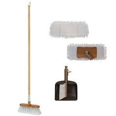 a broom, dust mop and cleaning brush on a white background