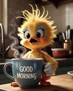 an angry bird sitting in a coffee cup with the words good morning written on it