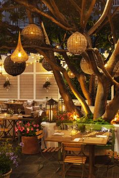 an outdoor dining area is lit up with lights and hanging baskets on the tree branches