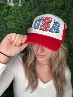 Keep the sun away while staying trendy with this USA Trucker Hat. Perfect for 4th of July celebrations, this mesh and snap back hat will keep you cute and cool all day! (Pro tip: pairs well with BBQ and fireworks!) Color: Red/White Brand: Ask Apparel Includes: x1 Hat Made in the USA Mesh and Snap BackProfessionally Sublimated One Size, Unisex fit. Red Trucker Hat For Beach, Summer Mesh Trucker Hat With Curved Brim, Red Trucker Hat For The Beach, Patriotic White Hat For Summer, White Mesh Snapback Hat For Baseball Season, White Mesh Snapback Hat For Baseball, White Mesh Baseball Hats For Baseball Season, Summer Trucker Hat With Curved Bill, Fun Summer Trucker Hat With Curved Bill