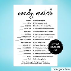 the candy match printable game is shown on a blue background with a black and white circle