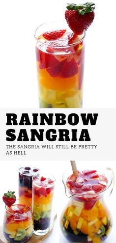 rainbow sangria in a pitcher with strawberries and fruit