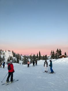 many people are skiing in the snow near trees