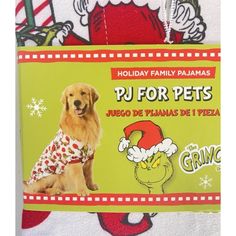 a dog is wearing pajamas and sitting in front of a christmas card with the words pu for pets written on it