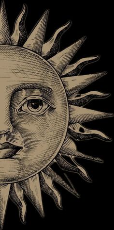 a drawing of the sun with its face drawn in black and white, on a dark background