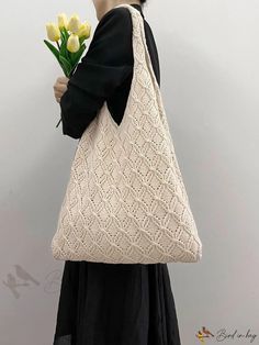 Bird in Bag - Hollow-Knit Tote Bag for Vacation Trendy Knit Bags For Daily Use, Summer Knitted Shoulder Bag For Shopping, Knitted Shoulder Bag For Spring, Trendy Knitted Tote Bag, Trendy Crochet Knit Bag For Daily Use, Trendy Knit Tote Bag, Casual Knit Tote Bag, Beach Crochet Knit Bag, Spring Rectangular Knitted Bag