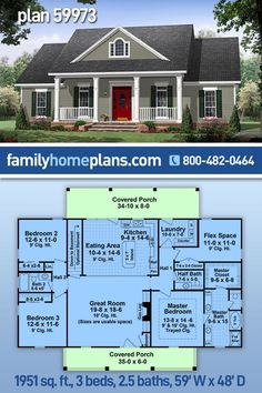 two story house plan with 3 beds, 2 baths and an open floor living area