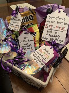 a basket filled with lots of goodies on top of a table