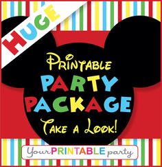 a mickey mouse party package with the words, printable party package take a look