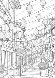 an ink drawing of the inside of a chinese restaurant with lanterns hanging from the ceiling