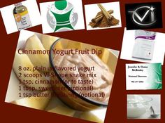 there are many different types of fruit dips in the picture, including cinnamon yogurt