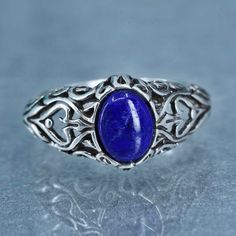 Size 7, southwestern Sterling 925 silver handmade band ring with oval lapis lazuli, stamped sterling Handmade Oval Lapis Lazuli Rings, Blue Oval Cabochon Ring Stamped 925, Oval Lapis Lazuli Silver Jewelry, Silver Jewelry With Oval Lapis Lazuli, Oval Silver Lapis Lazuli Jewelry, Vampire Diaries Fashion, Lapis Lazuli Jewelry, Lapis Ring, Savannah Ga