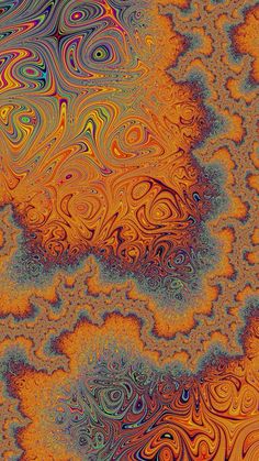 an abstract painting with swirls and colors in orange, blue, yellow and red