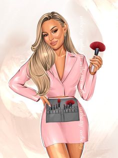 a drawing of a woman in a pink dress holding a makeup brush and looking at the camera