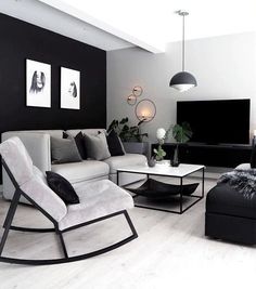 black and white living room with modern furniture