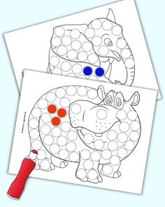 two coloring pages with an elephant and giraffe in the middle, one is red