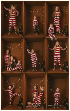 a group of children dressed up in christmas pajamas and matching striped outfits, posing for the camera