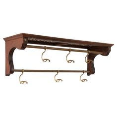 a wooden coat rack with three coats hanging from it's sides and two hooks on each side