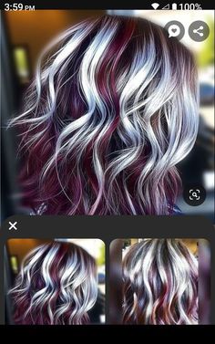 Shoulder Length Hair Color Ideas Fall, Womens Long Hair Color Ideas, Best Hair Color For Grey Hair, Dark On Bottom Light On Top Hair, Violet With Blonde Highlights, Silver Hair With Red Highlights, Vivid Winter Hair Color, Dark Red Hair With Blonde Highlights Burgundy, Maroon And Blonde Hair