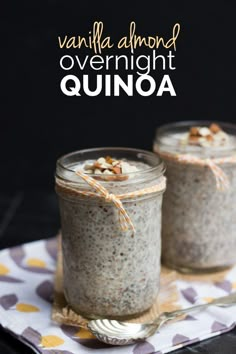 two jars filled with overnight quinoa sitting on top of a cloth covered table