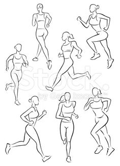 the silhouettes of running women in various poses and positions, black on white background