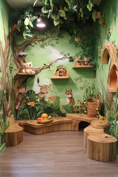 a green room with wooden shelves filled with animals and plants on it's walls