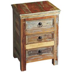 Distressed finish accent chest. Multicolor distressed finish. Crafted from selected solid woods and wood products. Choice wood veneers on top, drawer fronts and sides. Two drawers feature generous storage space. Metal hardware. Moderately distressed surfaces. 15 3/4" wide. 12" deep. 24 1/4" high. Assembly required.  This rustic 3-drawer accent chest lends character and charm to any living area with a multi-color distressed finish over choice wood veneer. Three drawers offer ample hidden storage that's an ideal complement to your sofa or favorite recliner.  Shop all Butler Reclaimed Wood Nightstand, Accent Chests, Accent Chests And Cabinets, Accent Chest, Decor Guide, Accent Cabinet, Recycled Wood, Accent Furniture, Rustic Home Decor