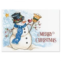 a christmas card with a snowman wearing a hat and scarf, holding a bird