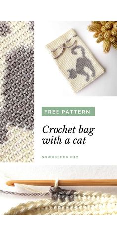 the crochet bag with a cat on it is shown next to knitting needles