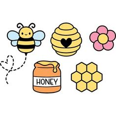 a bunch of different types of honey on a white background with hearts and flowers around them