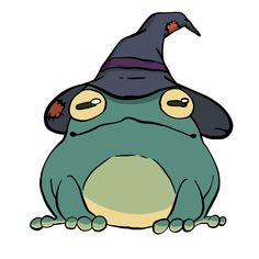 a cartoon frog with a witches hat on it's head, sitting in front of a