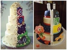 two cakes decorated with different types of decorations on top of each other, one is white and the other is multicolored