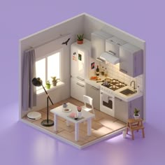 an overhead view of a small kitchen and living room in a doll house with furniture