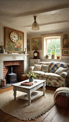 a living room filled with furniture and a fire place in front of a clock mounted on the wall