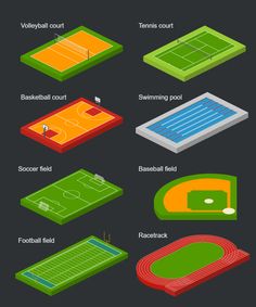 the different types of tennis courts in an infographal style, with their names and numbers