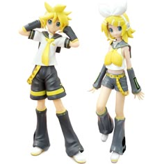 two figurines of anime characters, one in yellow and the other in black