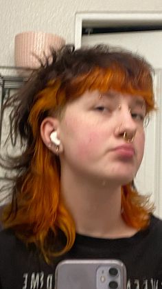 Orange Mullet Hair, Curly Alt Hairstyles, Curly Alt Hair, Mullet Dyed Hair, Orange Mullet, Dyed Mullet, Cringey Things, Alt Guys, Dyed Curly Hair