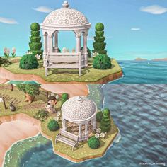 an island with a white gazebo on it