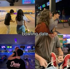 two pictures with people in bowling alleys one is kissing the other