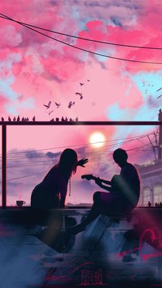 two people are sitting on a rooftop playing the guitar at sunset with birds flying overhead