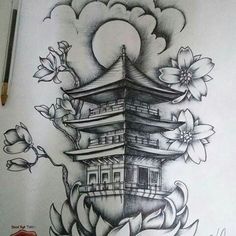 a drawing of a pagoda with flowers on it