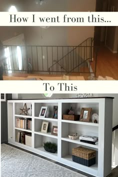 before and after shots of a living room with built - in bookshelves, carpeted flooring and stairs