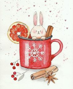 a drawing of a bunny in a mug with cinnamon and orange slices