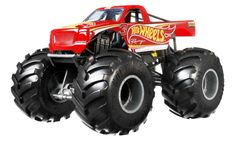 a red monster truck with big tires on it's back wheels is shown in this image