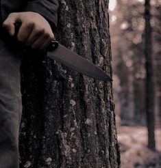 a person holding a knife in front of a tree