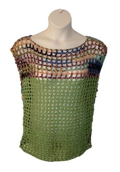 "Trendy, and so pretty.  This sage green multi colored crochet pullover vest is a fashion must-have.  Wear for that summer wedding or for that elegant night out.  Perfect for that layered look that you want.  Made from jazz stripe and sage. It can be made in any size that you request from girls sizes and womens Small to 3X. Please allow 3 days to ship made to order item.   The blouse pictured is an XL, Ready to ship.  Please allow 3 days to ship custom made orders/sizes. If you want the length to be longer just let me know Sizing is as follows: Small 34\" bust 18\" long Med 36\" bust 18\" long Large 38-40\" bust 18\" long XL 42-44\" bust 20\" long 2XL 46-50\" bust 22\" long 3XL 52-56\" bust 22\" long" Beach Crochet Knit Top In Green, Green Knit Crochet Top For The Beach, Green Knit Crochet Beach Top, Stretch Green Knit Crochet Top, Green Casual Crochet Top With Knit Fabrication, Fitted Green Crochet Sleeveless Top, Green Fitted Crochet Knit Top, Casual Green Crochet Top With Knit Fabrication, Green Fitted Knit Crochet Top