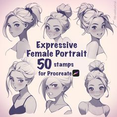 an image of female portraits for procreate with the words expressive female portrait 50 stamps